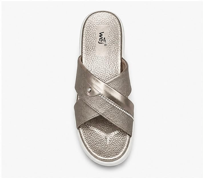 Newstep Pearl Shine metallic silver women’s cross-strap wedge sandals