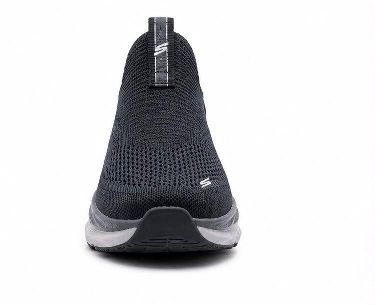 Newstep Propulsion Max Run black slip-on running sneakers with orange detailing