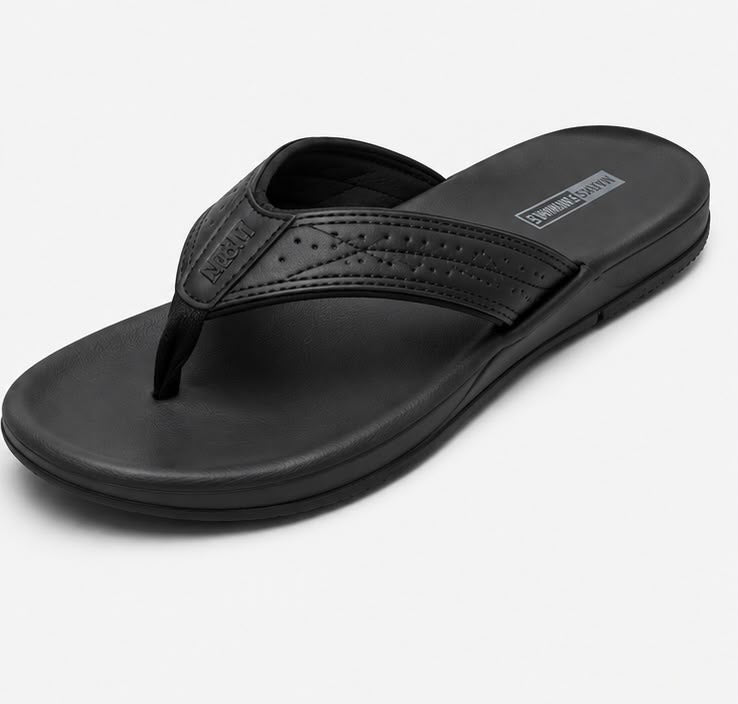 Newstep Black Comfort men’s black casual flip flops with perforated strap
