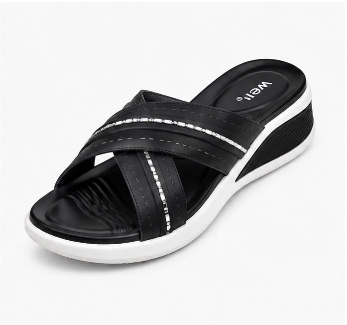 Newstep Elegant Black Comfort women’s wedge sandals with silver embellished straps