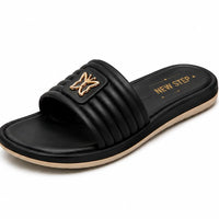 Newstep Luxe Step black women’s casual slide sandals with gold detailing
