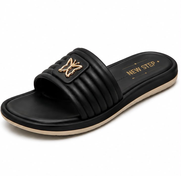 Newstep Luxe Step black women’s casual slide sandals with gold detailing