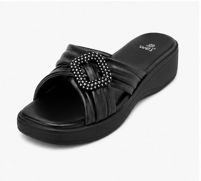 Newstep Black Royal Buckle Wedge Sandal for Women
