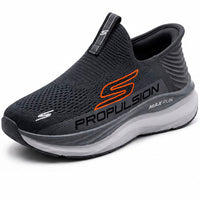 Newstep Propulsion Max Run black slip-on running sneakers with orange detailing