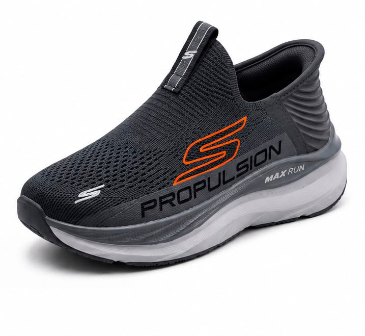 Newstep Propulsion Max Run black slip-on running sneakers with orange detailing
