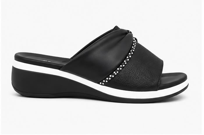 Newstep black women’s wedge sandals with rhinestone embellished strap