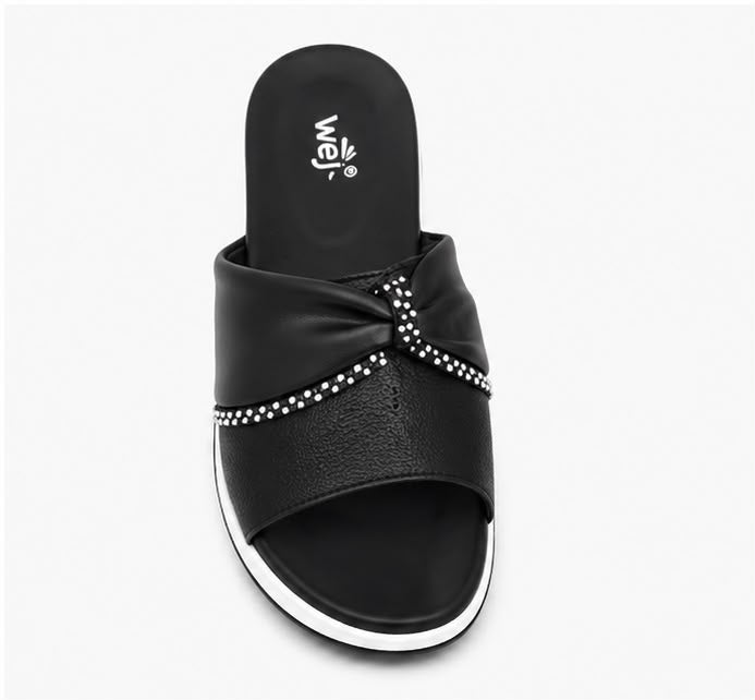 Newstep black women’s wedge sandals with rhinestone embellished strap