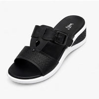 Newstep Elegant Black Comfort women’s buckle wedge sandals with double straps