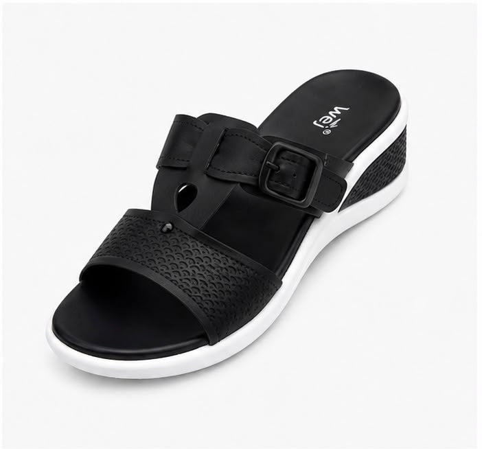 Newstep Elegant Black Comfort women’s buckle wedge sandals with double straps