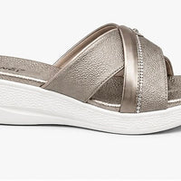 Newstep Pearl Shine metallic silver women’s cross-strap wedge sandals
