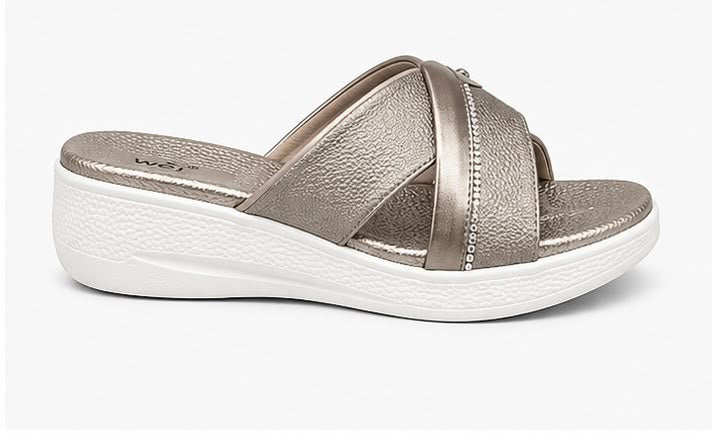 Newstep Pearl Shine metallic silver women’s cross-strap wedge sandals