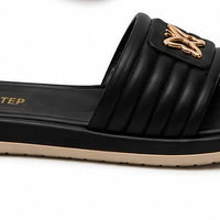 Newstep Luxe Step black women’s casual slide sandals with gold detailing