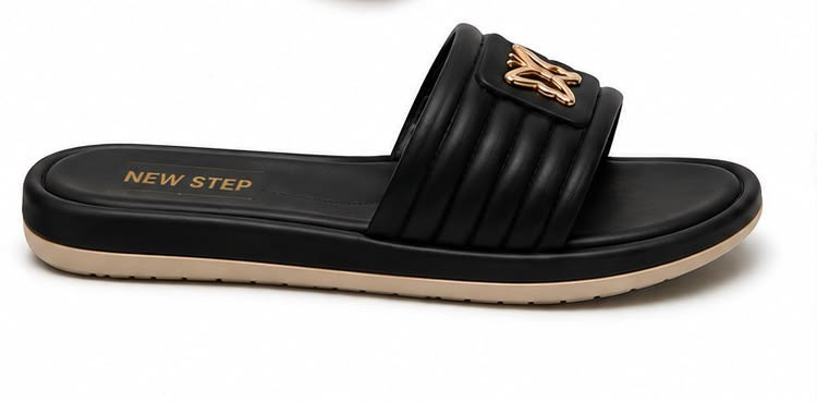 Newstep Luxe Step black women’s casual slide sandals with gold detailing