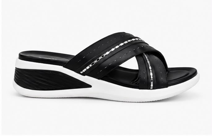 Newstep Elegant Black Comfort women’s wedge sandals with silver embellished straps