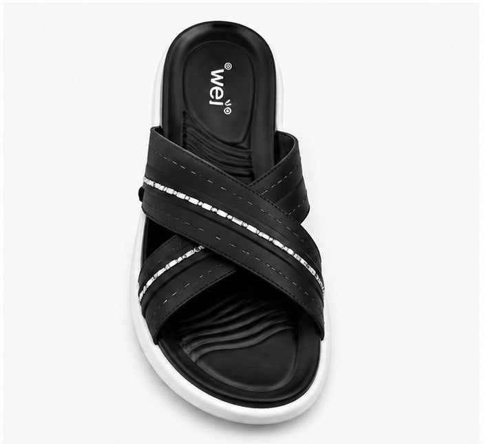 Newstep Elegant Black Comfort women’s wedge sandals with silver embellished straps