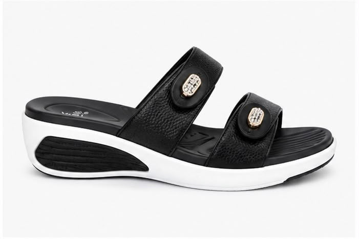 Newstep Black Pearl women’s comfort wedge sandals with embellished double straps