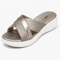 Newstep Pearl Shine metallic silver women’s cross-strap wedge sandals