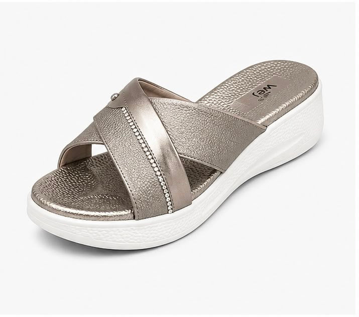 Newstep Pearl Shine metallic silver women’s cross-strap wedge sandals