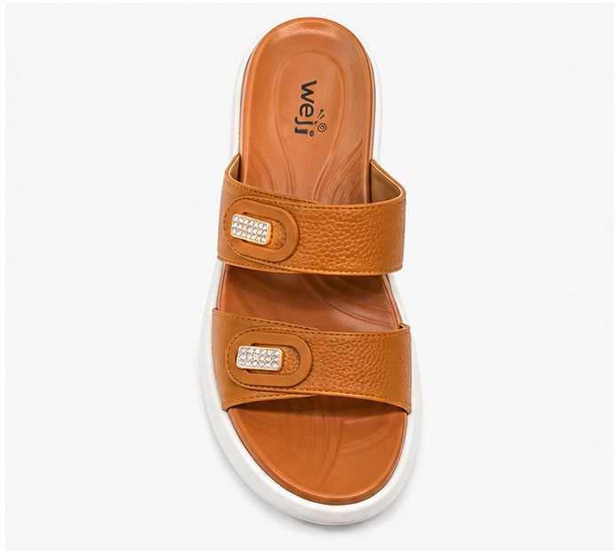 Newstep Tan Double Strap Buckle Wedge Slipper for Women