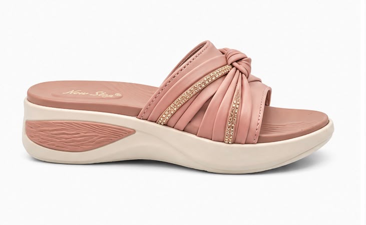 Newstep Pink Knot Blush Pink wedge slippers with embellished strap