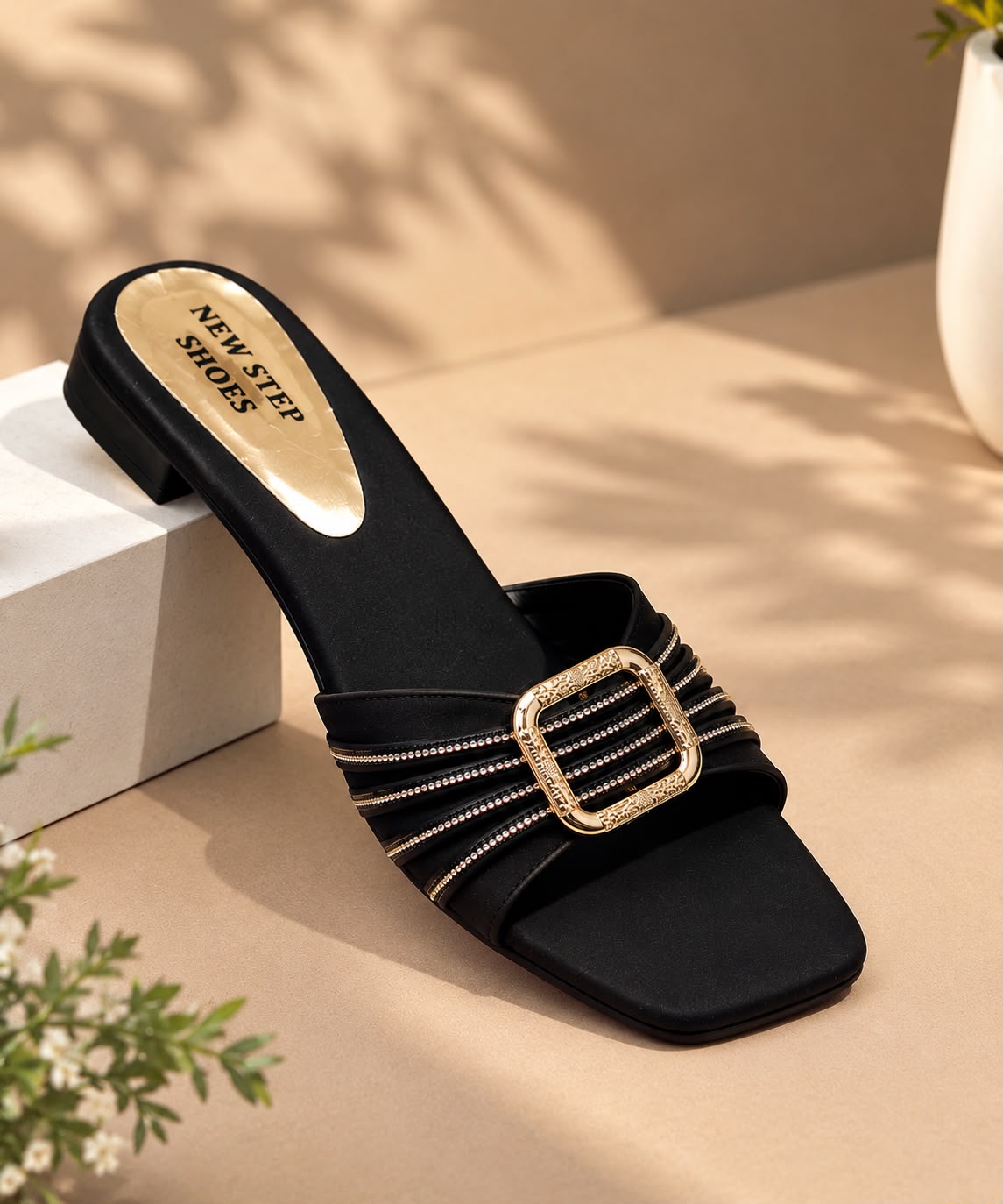 Newstep Elegance Luxe black block heel sandals with buckle detail