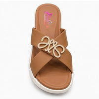 Newstep Elegant Cross Strap brown wedge slippers with embellished detail