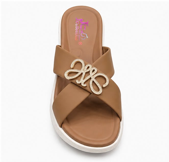 Newstep Elegant Cross Strap brown wedge slippers with embellished detail