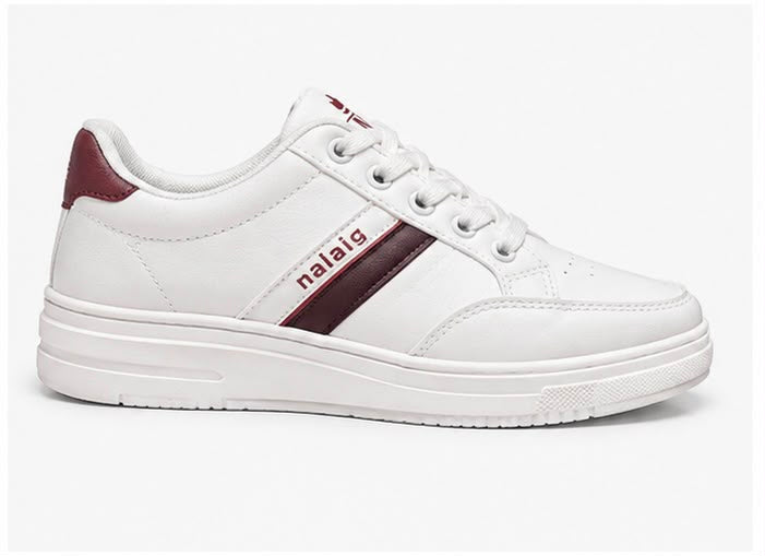 Newstep White Classic Casual Sneakers with Burgundy Details for Women