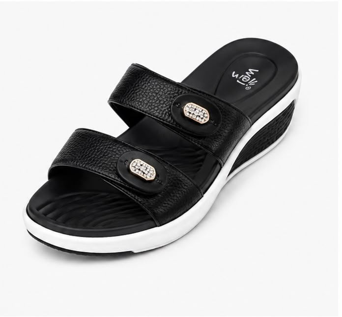 Newstep Black Pearl women’s comfort wedge sandals with embellished double straps