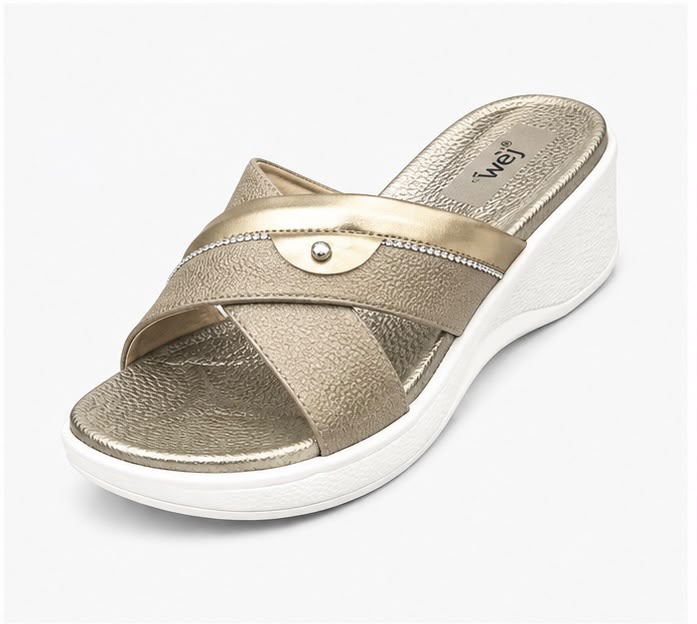 Newstep Elegant Cross Strap Metallic Gold Wedge Slipper for Women