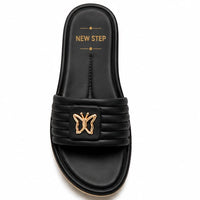 Newstep Luxe Step black women’s casual slide sandals with gold detailing