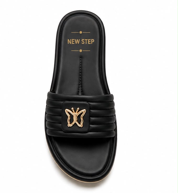 Newstep Luxe Step black women’s casual slide sandals with gold detailing