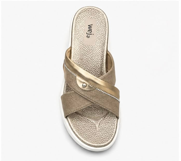 Newstep Elegant Cross Strap Metallic Gold Wedge Slipper for Women