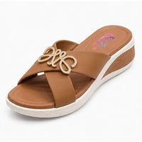 Newstep Elegant Cross Strap brown wedge slippers with embellished detail