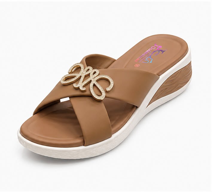 Newstep Elegant Cross Strap brown wedge slippers with embellished detail