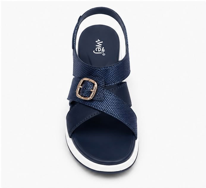 Newstep navy blue women’s elegant buckle wedge sandals with crossover straps
