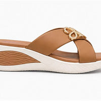 Newstep Elegant Cross Strap brown wedge slippers with embellished detail