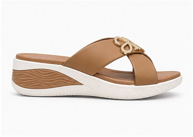 Newstep Elegant Cross Strap brown wedge slippers with embellished detail