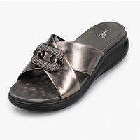 Newstep Metallic Glam gunmetal buckle wedge sandals for women