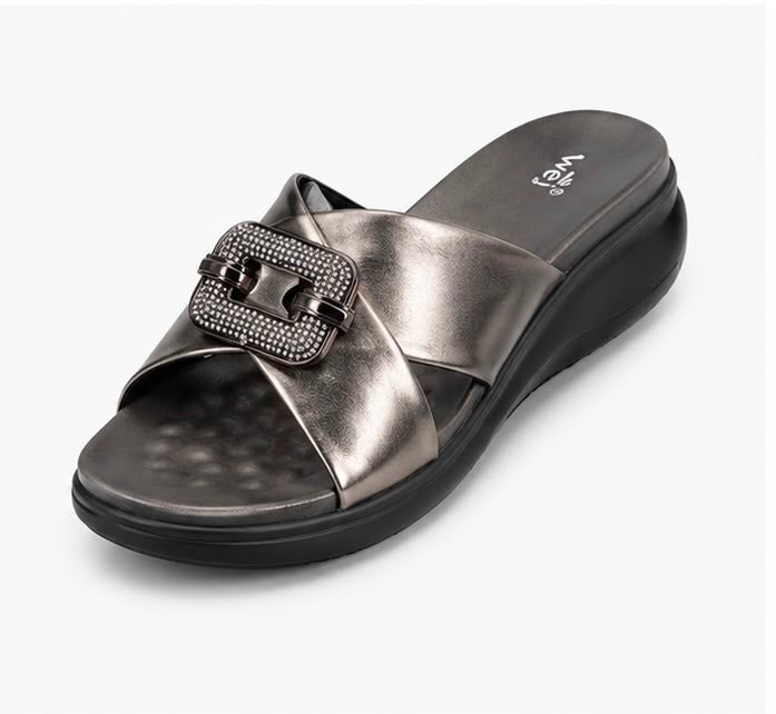 Newstep Metallic Glam gunmetal buckle wedge sandals for women