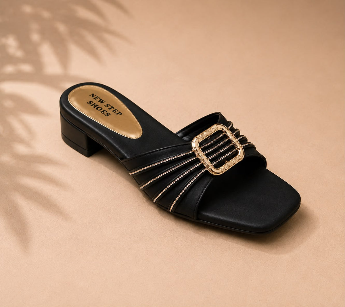 Newstep Elegance Luxe black block heel sandals with buckle detail