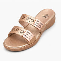 Newstep champagne gold women’s designer sandals with floral cutout straps