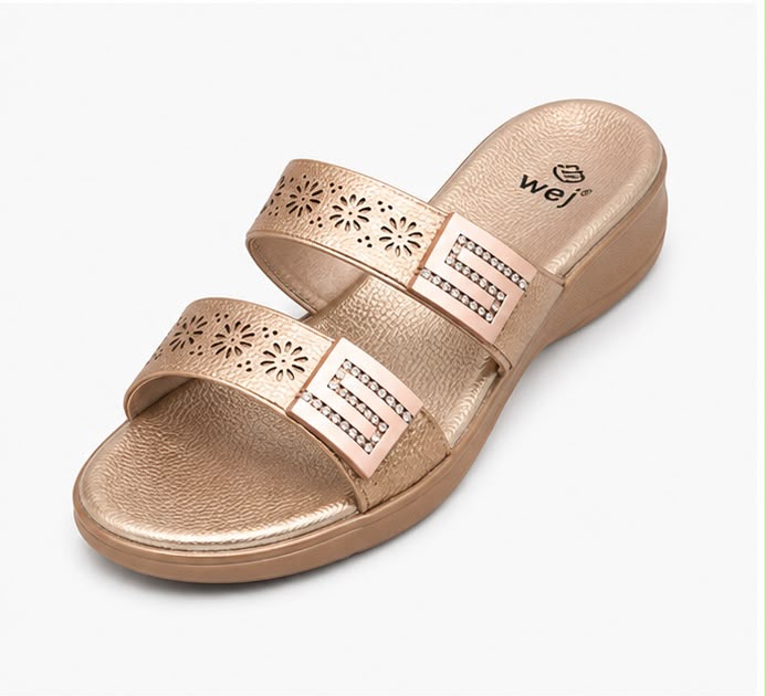 Newstep champagne gold women’s designer sandals with floral cutout straps