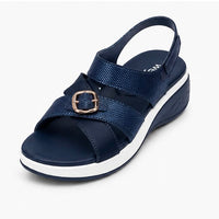 Newstep navy blue women’s elegant buckle wedge sandals with crossover straps