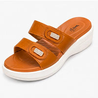 Newstep Tan Double Strap Buckle Wedge Slipper for Women