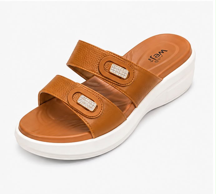 Newstep Tan Double Strap Buckle Wedge Slipper for Women