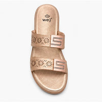 Newstep champagne gold women’s designer sandals with floral cutout straps