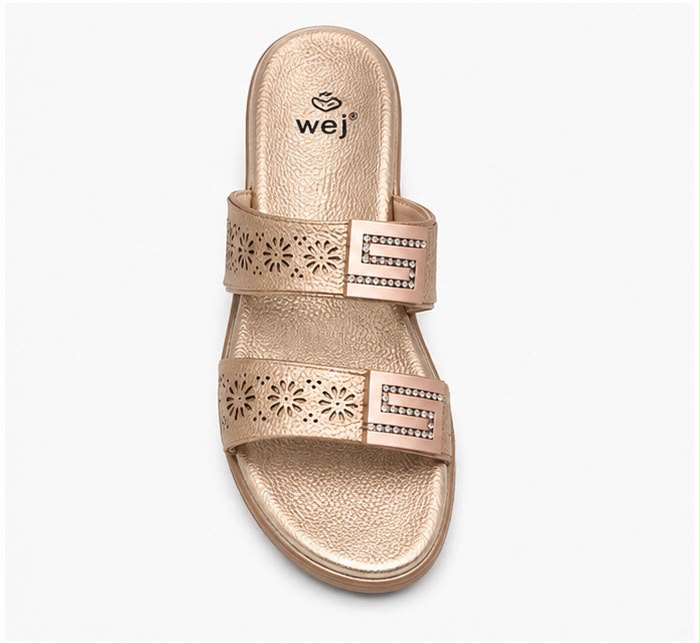 Newstep champagne gold women’s designer sandals with floral cutout straps