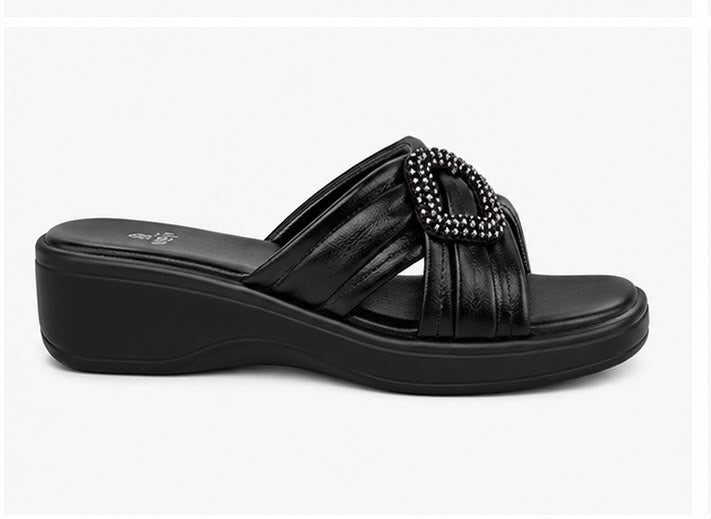 Newstep Black Royal Buckle Wedge Sandal for Women