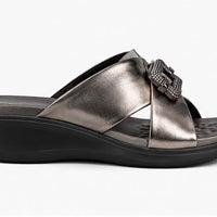 Newstep Metallic Glam gunmetal buckle wedge sandals for women
